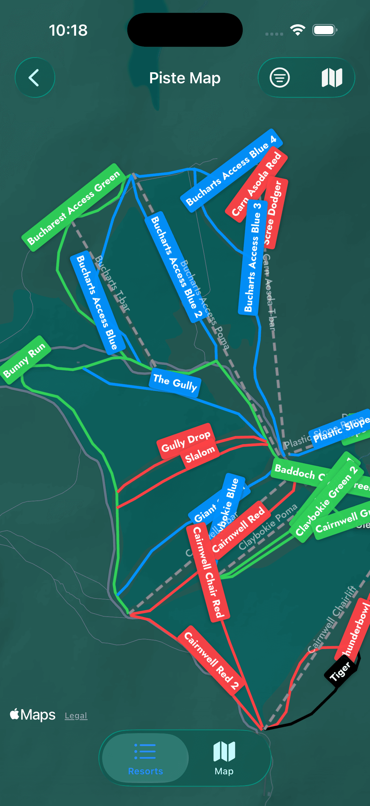 Ski Scotland Companion interactive piste map showing all ski runs, lifts, and real-time availability for Scottish ski resorts